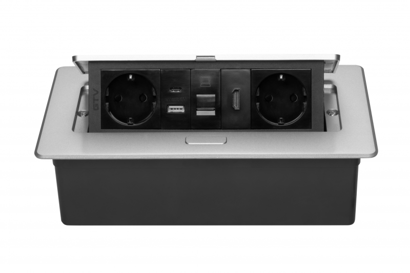 Bútorszerelvény MULTISOFT, 2xSCHUKO, USB A+C, RJ45, HDMI kábel 1,5 m, alumínium