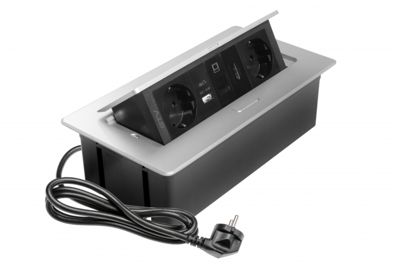 Bútorszerelvény MULTISOFT, 2xSCHUKO, USB A+C, RJ45, HDMI kábel 1,5 m, alumínium