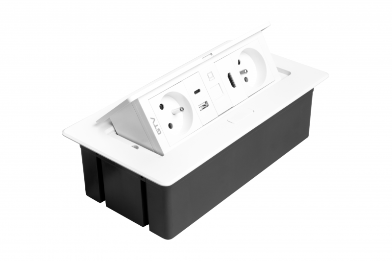 MULTISOFT bútoraljzat 2x földelt aljzat, USB A+C, RJ45, HDMI, hálózati kábel csatlakozóval, fehér