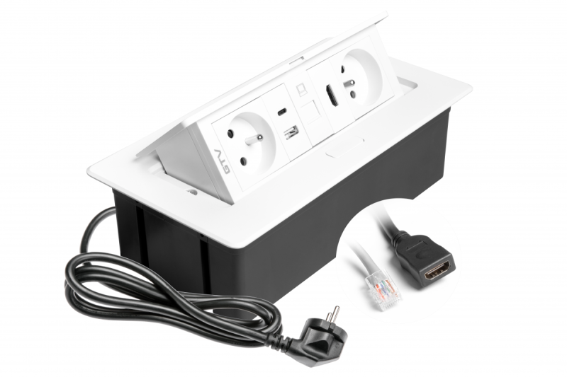 MULTISOFT bútoraljzat 2x földelt aljzat, USB A+C, RJ45, HDMI, hálózati kábel csatlakozóval, fehér