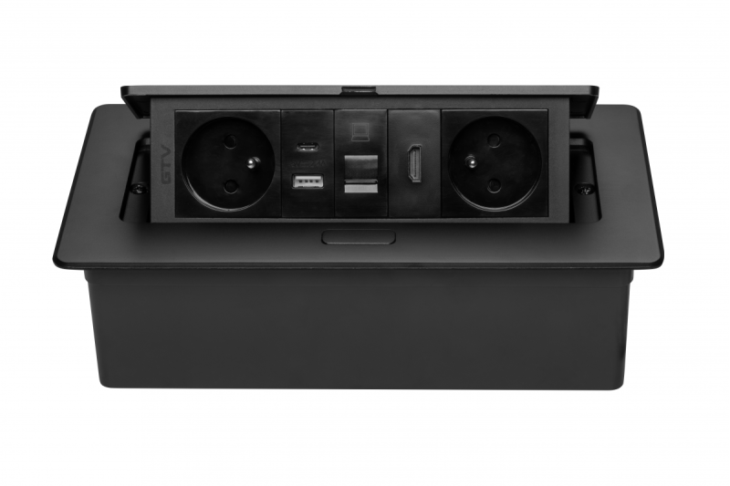 MULTISOFT bútorcsatlakozó 2x földelt aljzat, USB A+C, RJ45, HDMI, tápkábel dugóval, fekete