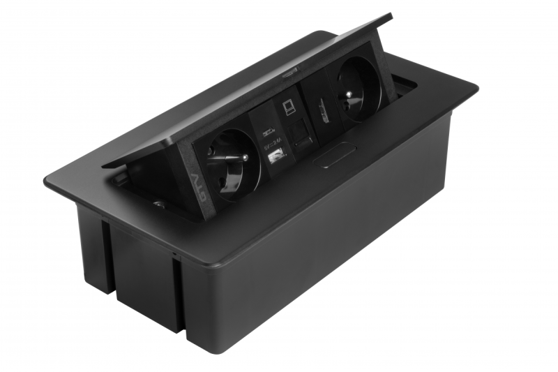 MULTISOFT bútorcsatlakozó 2x földelt aljzat, USB A+C, RJ45, HDMI, tápkábel dugóval, fekete