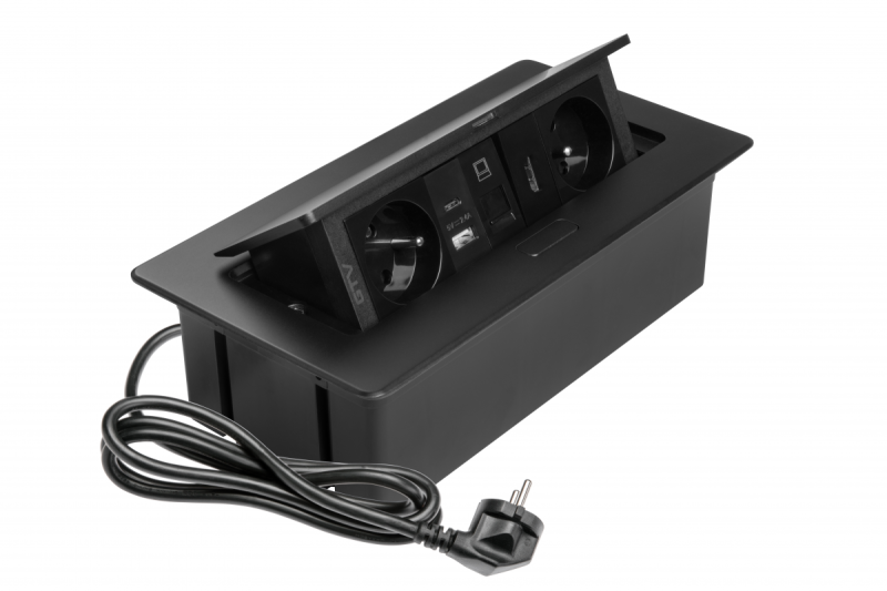 MULTISOFT bútorcsatlakozó 2x földelt aljzat, USB A+C, RJ45, HDMI, tápkábel dugóval, fekete