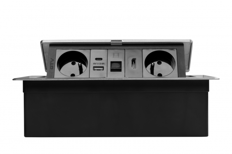 MULTISOFT bútoraljzat 2x földelt aljzat, USB A+C, RJ45, HDMI, tápkábel csatlakozóval, alumínium