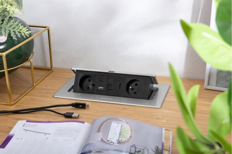 MULTISOFT bútoraljzat 2x földelt aljzat, USB A+C, RJ45, HDMI, tápkábel csatlakozóval, alumínium