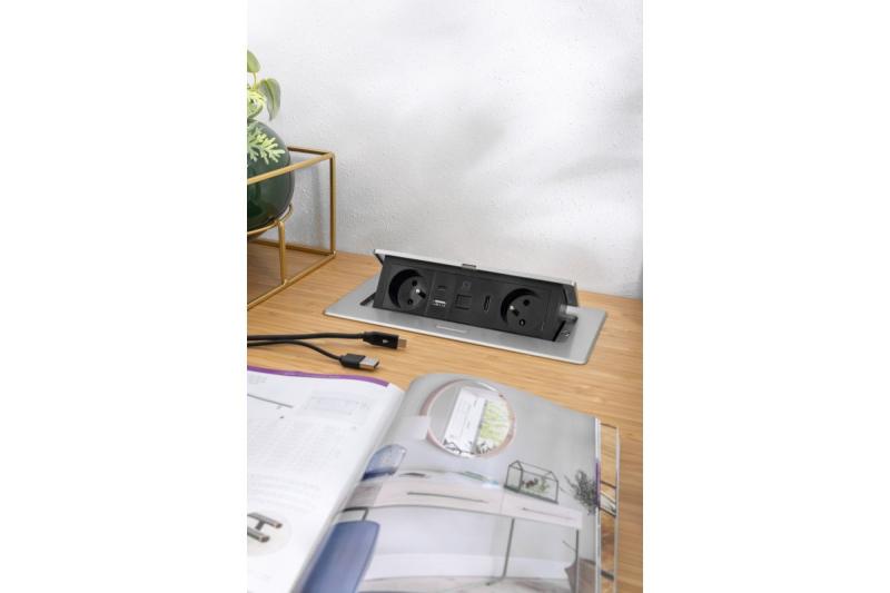 MULTISOFT bútoraljzat 2x földelt aljzat, USB A+C, RJ45, HDMI, tápkábel csatlakozóval, alumínium