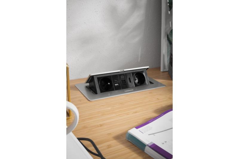 MULTISOFT bútoraljzat 2x földelt aljzat, USB A+C, RJ45, HDMI, tápkábel csatlakozóval, alumínium