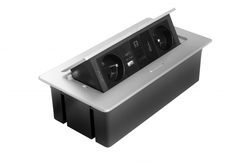 MULTISOFT bútoraljzat 2x földelt aljzat, USB A+C, RJ45, HDMI, tápkábel csatlakozóval, alumínium