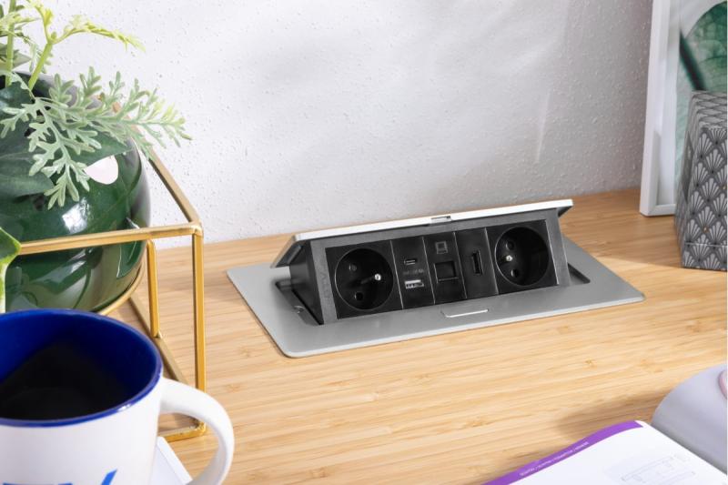 MULTISOFT bútoraljzat 2x földelt aljzat, USB A+C, RJ45, HDMI, tápkábel csatlakozóval, alumínium