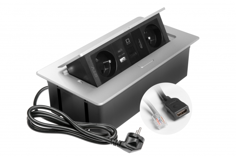 MULTISOFT bútoraljzat 2x földelt aljzat, USB A+C, RJ45, HDMI, tápkábel csatlakozóval, alumínium