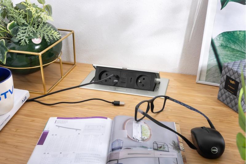 MULTISOFT bútoraljzat 2x földelt aljzat, USB A+C, RJ45, HDMI, tápkábel csatlakozóval, alumínium