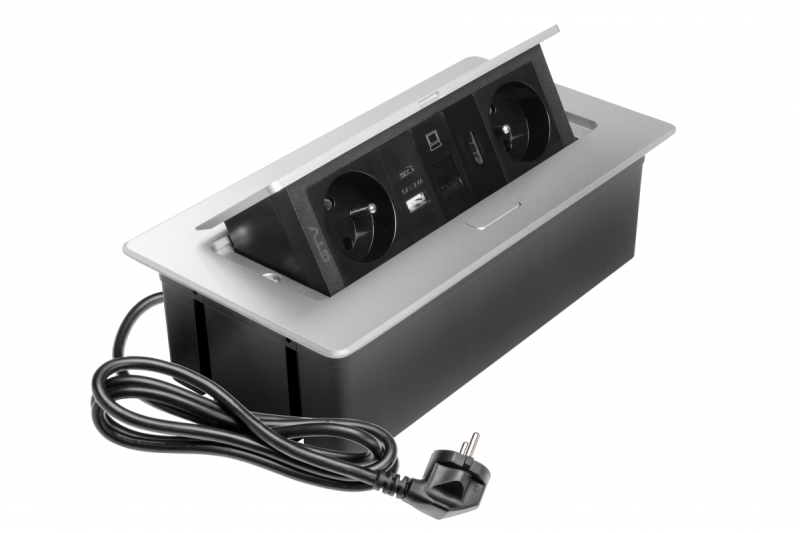 MULTISOFT bútoraljzat 2x földelt aljzat, USB A+C, RJ45, HDMI, tápkábel csatlakozóval, alumínium