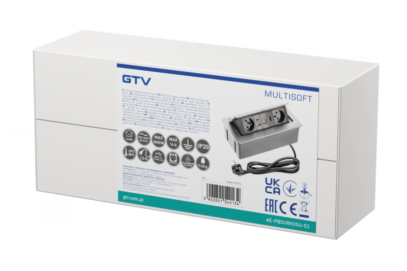 MULTISOFT bútoraljzat 2x földelt aljzat, USB A+C, RJ45, HDMI, tápkábel csatlakozóval, alumínium