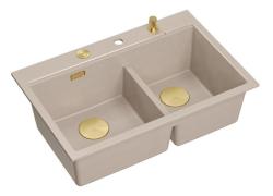 Quadri Hard Rock Dupla Beige Gránit Felületi Mosogató 76x50 cm Arany dugóval és kiegészítőkkel 1208971663