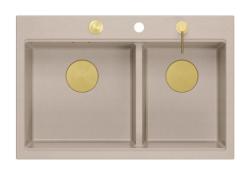 Quadri Hard Rock Dupla Beige Gránit Felületi Mosogató 76x50 cm Arany dugóval és kiegészítőkkel 1208971663