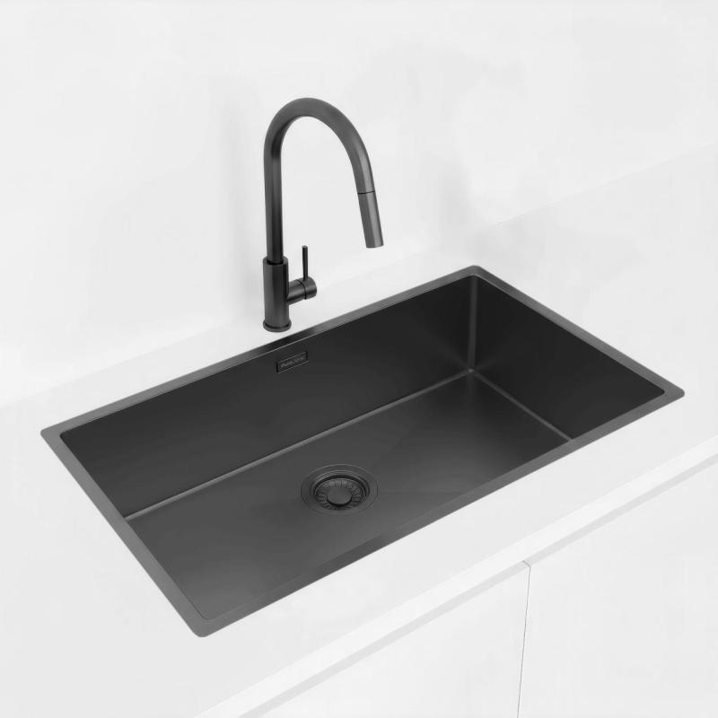 Pure.Sink Luxion Nagy PVD fekete mosogató 74x40 cm alulról szerelhető, síkba építhető és felülről szerelhető PLX7440-63