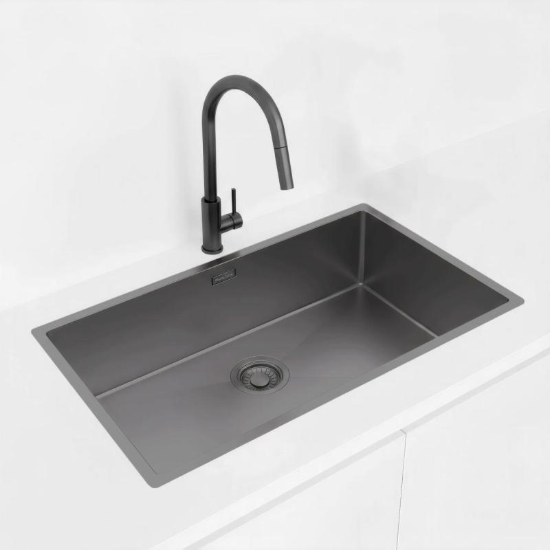 Pure.Sink Luxion Nagy Gun metal mosogató 74x40 cm alulról szerelhető, síkba építhető és felülről szerelhető PLX7440-61