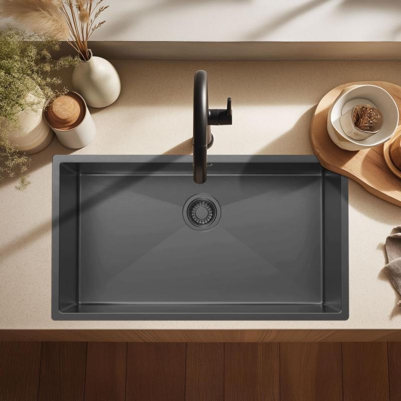 Pure.Sink Luxion Nagy Gun metal mosogató 74x40 cm alulról szerelhető, síkba építhető és felülről szerelhető PLX7440-61