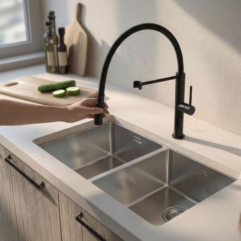 Pure.Sink Luxion Matt fekete profi konyhai csaptelep rugalmas kifolyóval és 2 sugárfajtával PLXFLEX-10