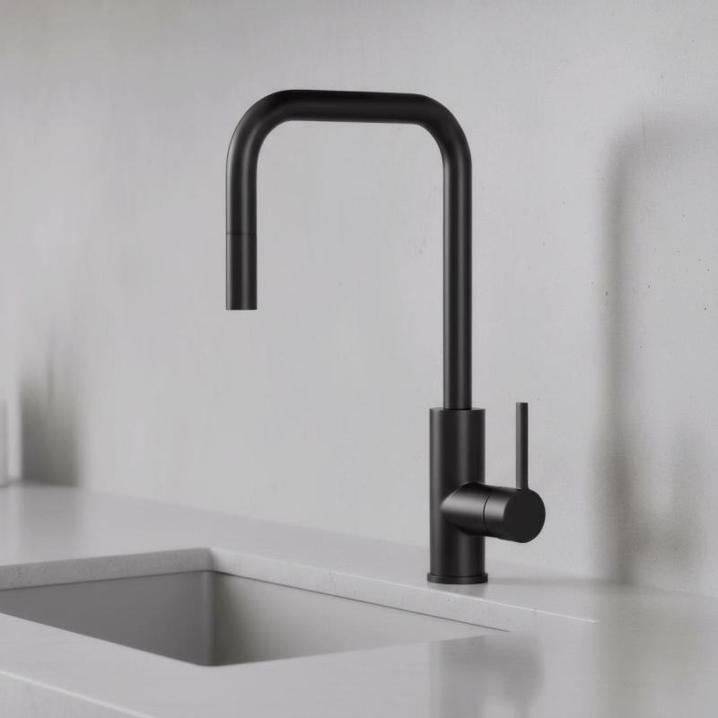 Pure.Sink Luxion Mat fekete konyhai csaptelep négyzet alakú, kihúzható kifolyóval PLXSQUA-10