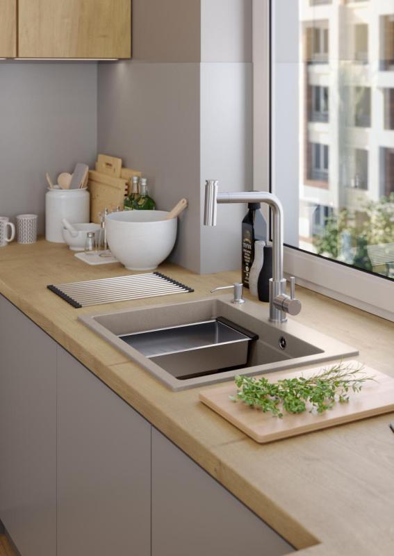 Quadri Durham Pearl Beige gránit felépítésű mosogató 595x500 szappanadagolóval, vágódeszkával, belső mosogatóval és hengerelt matricával 1208971814