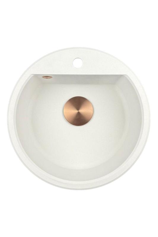 GraniteMy Bremen kerek gránit mosogató 43 cm fehér, felépítés és alépítés, csaplyukkal és automatikus réz dugóval 1208971847