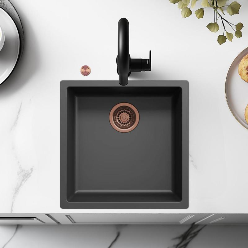 Ausmann Fibre fekete mosogató 40x40cm alulról, felülről és lapos beépítéssel, automatikus réz dugóval 1208971852