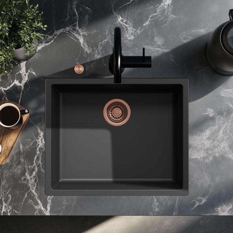 Ausmann Fibre fekete mosogató 50x40cm alulról szerelhető, felülről szerelhető és lapos szerelésű, automatikus réz dugóval 1208971858