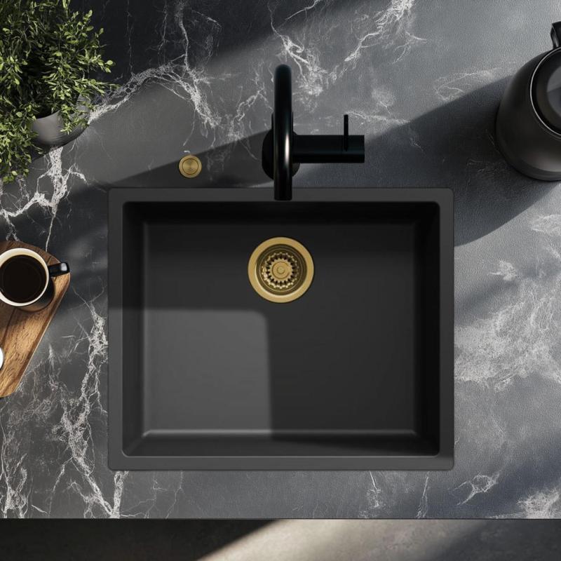Ausmann Fibre fekete mosogató 50x40cm alsó, felső és lapos építésű, automatikus arany dugóval 1208971859