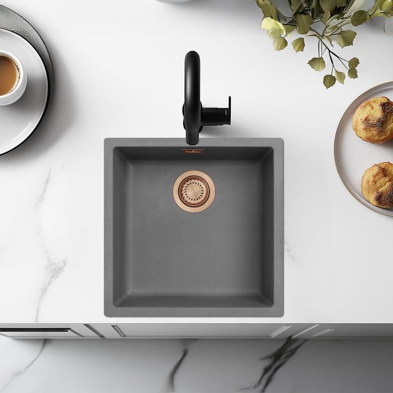 Ausmann Fibre beton szürke mosogató 40x40cm alulról, felületre és síkba építve réz dugóval 1208971880