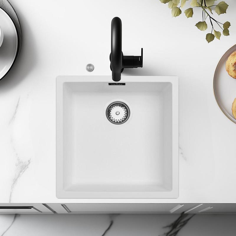 Ausmann Fibre fehér mosogató 40x40cm alulról, felülről és síkba építve automatikus rozsdamentes acél dugóval 1208971891