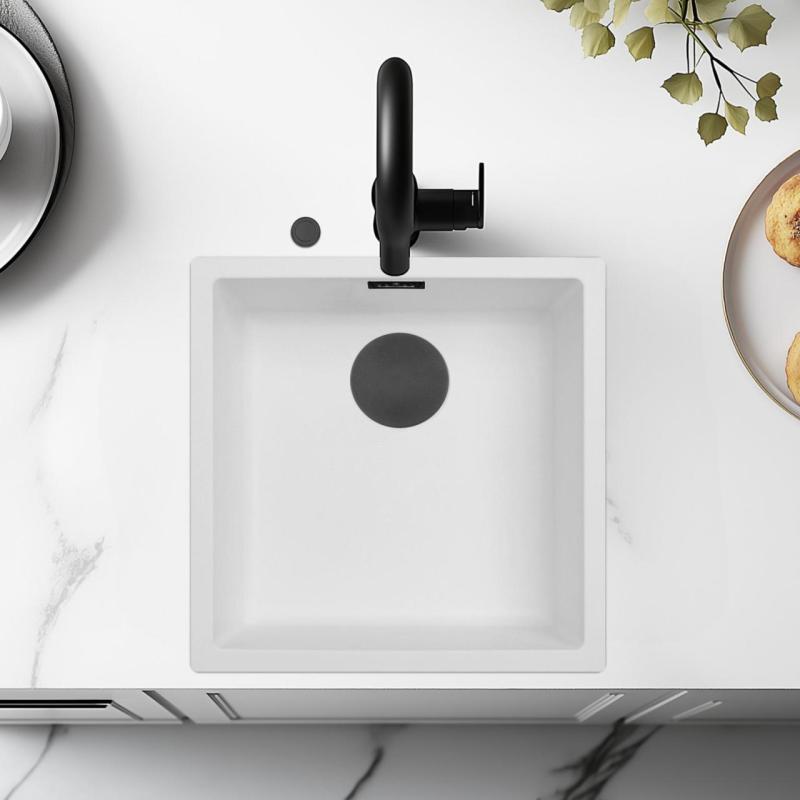 Ausmann Fiber fehér mosogató 40x40cm alulról, felülről és síkba építve automatikus fekete dugóval 1208971892