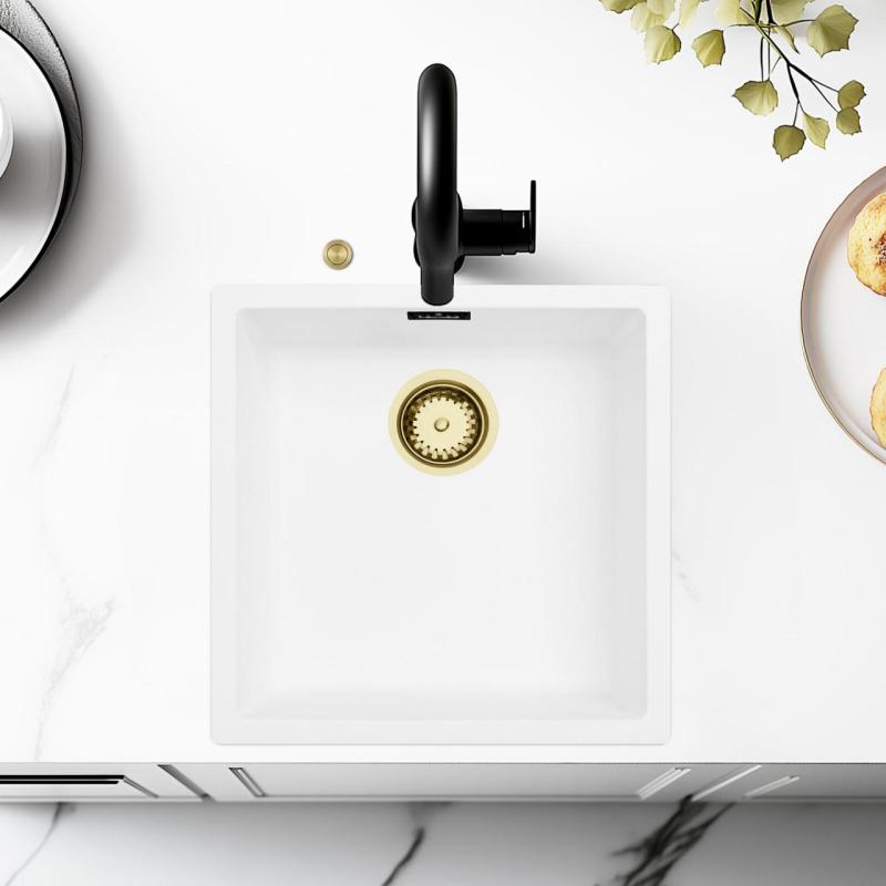 Ausmann Fibre fehér mosogató 40x40cm alulról, felülről és síkba építve automatikus arany dugóval 1208971894