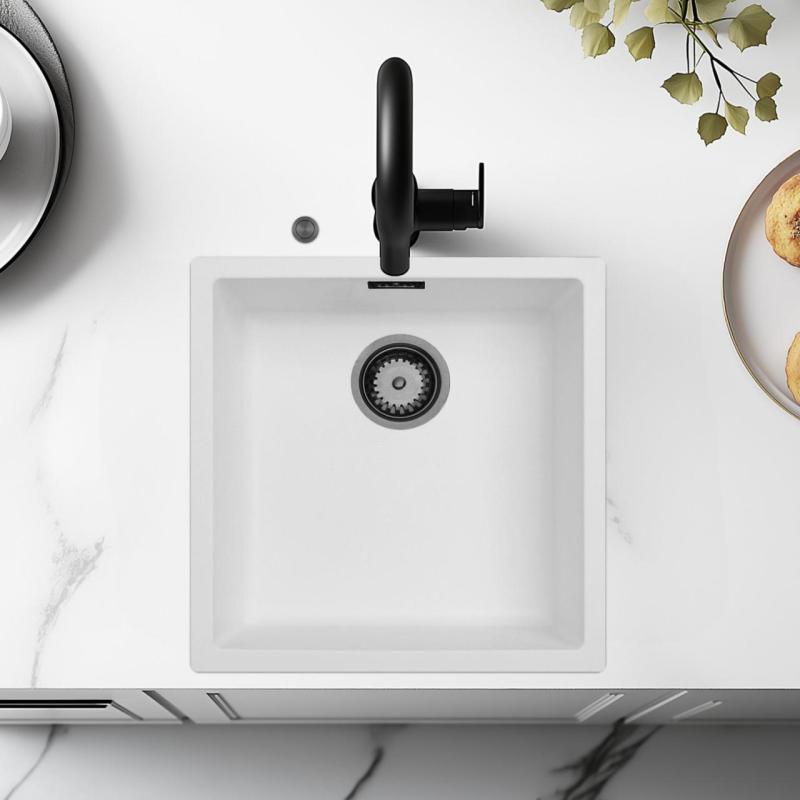 Ausmann Fibre fehér mosogató 40x40cm alulról, felülről és síkba építve automatikus gun metal dugóval 1208971895