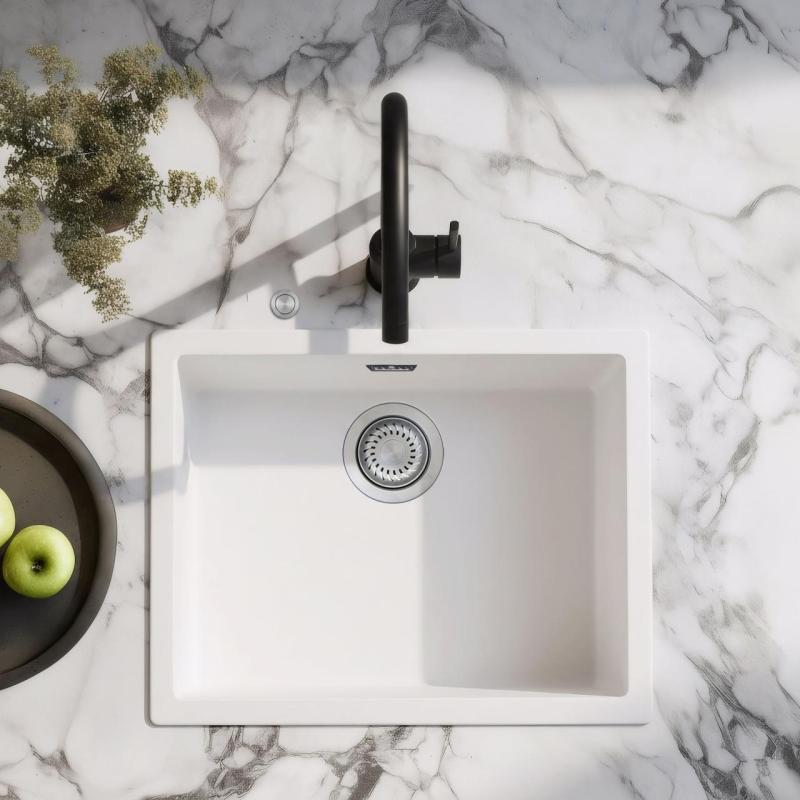 Ausmann Fibre fehér mosogató 50x40cm alulról, felülről és síkba építve automatikus rozsdamentes acél dugóval 1208971898