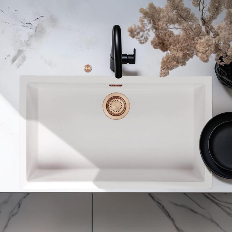 Ausmann Fibre fehér nagy mosogató 70x40cm alulról, felülről és síkba építve automatikus réz dugóval 1208971906