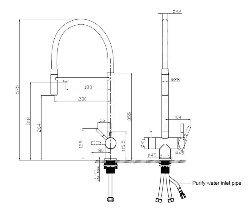Pure.Sink Elite Steel Flex 3-utas PVD golyóágyú fém konyhai csaptelep rugalmas kifolyóval és szűrt vízzel PS8110-61