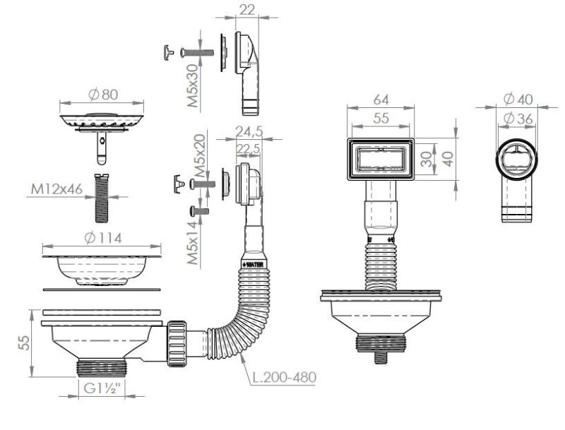 Pure.Sink Universal kosár dugó készlet matt fekete, mosogató lefolyó készlet, kerek és téglalap alakú túlfolyóval WSTMAN-31