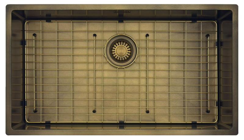 Pure.Sink Luxion Nagy PVD antik bronz mosogató 74x40 cm alulról szerelhető, síkba építhető és felülről szerelhető, aljzatállvánnyal PLX7440-64