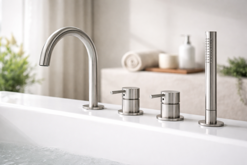 MURO TUA beépíthető kádperem-csaptelep kerek kifolyóval és kihúzható kézi zuhannyal, króm 1208972441