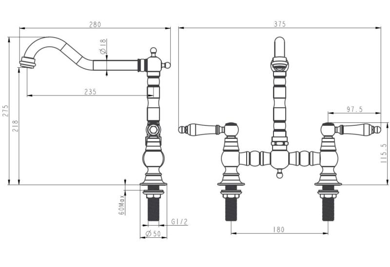 Aquanello Heritage Manor Klasszikus konyha Nostalgikus híd Konyhai csaptelep króm fehér karral CR-0010-HM