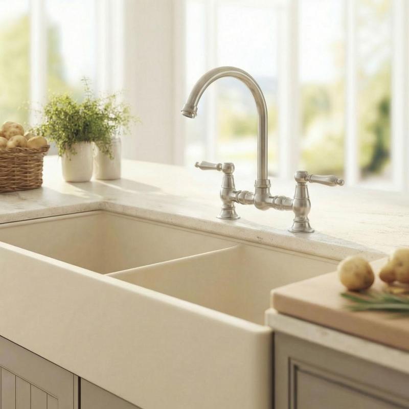 Aquanello Heritage Manor Klasszikus konyhai csaptelep, nosztalgikus stílusú, króm kivitelben, fehér karral és kerek kifolyóval CR-0011-HM