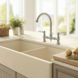 Aquanello Heritage Manor Klasszikus konyha Nosztalgikus híd Konyhai csaptelep rozsdamentes acélból, fehér karral és kerek kifolyóval NB-0011-HM