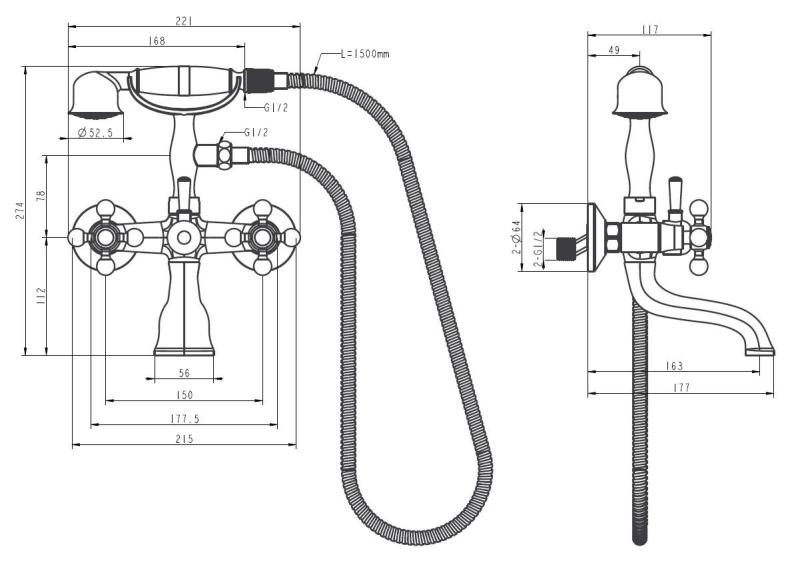 Aquanello Heritage Ascot Klasszikus felépítésű fürdőkád csaptelep csillaggombokkal, bronz, kézi zuhannyal BN-3002-HA